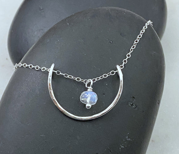 Forged sterling silver wire half moon necklace with rainbow moonstone
