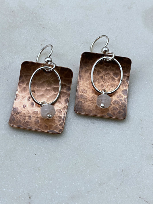 Sterling and copper mixed metal earrings with moonstone.