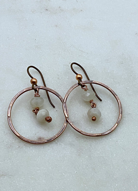 Copper and moonstone hoop earrings