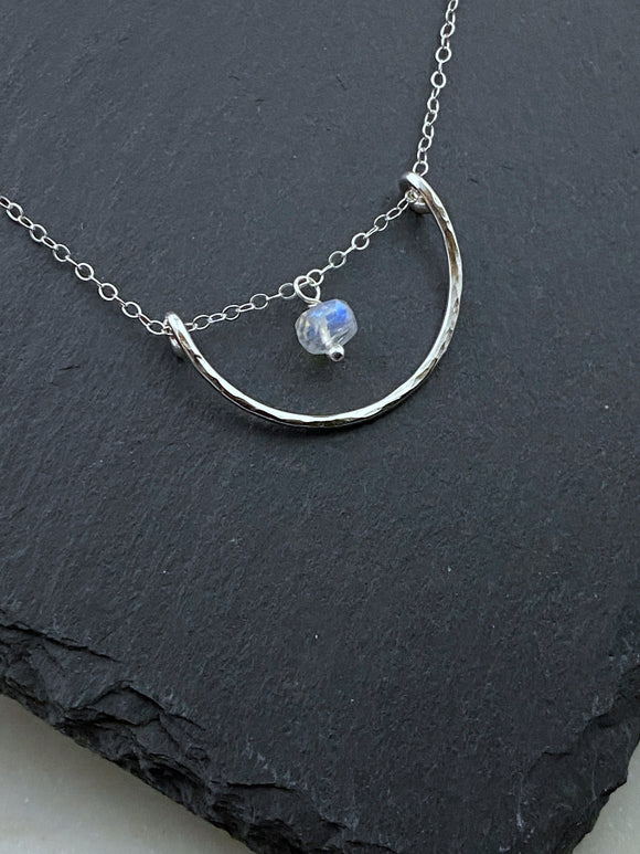 Forged sterling silver wire half moon necklace with rainbow moonstone