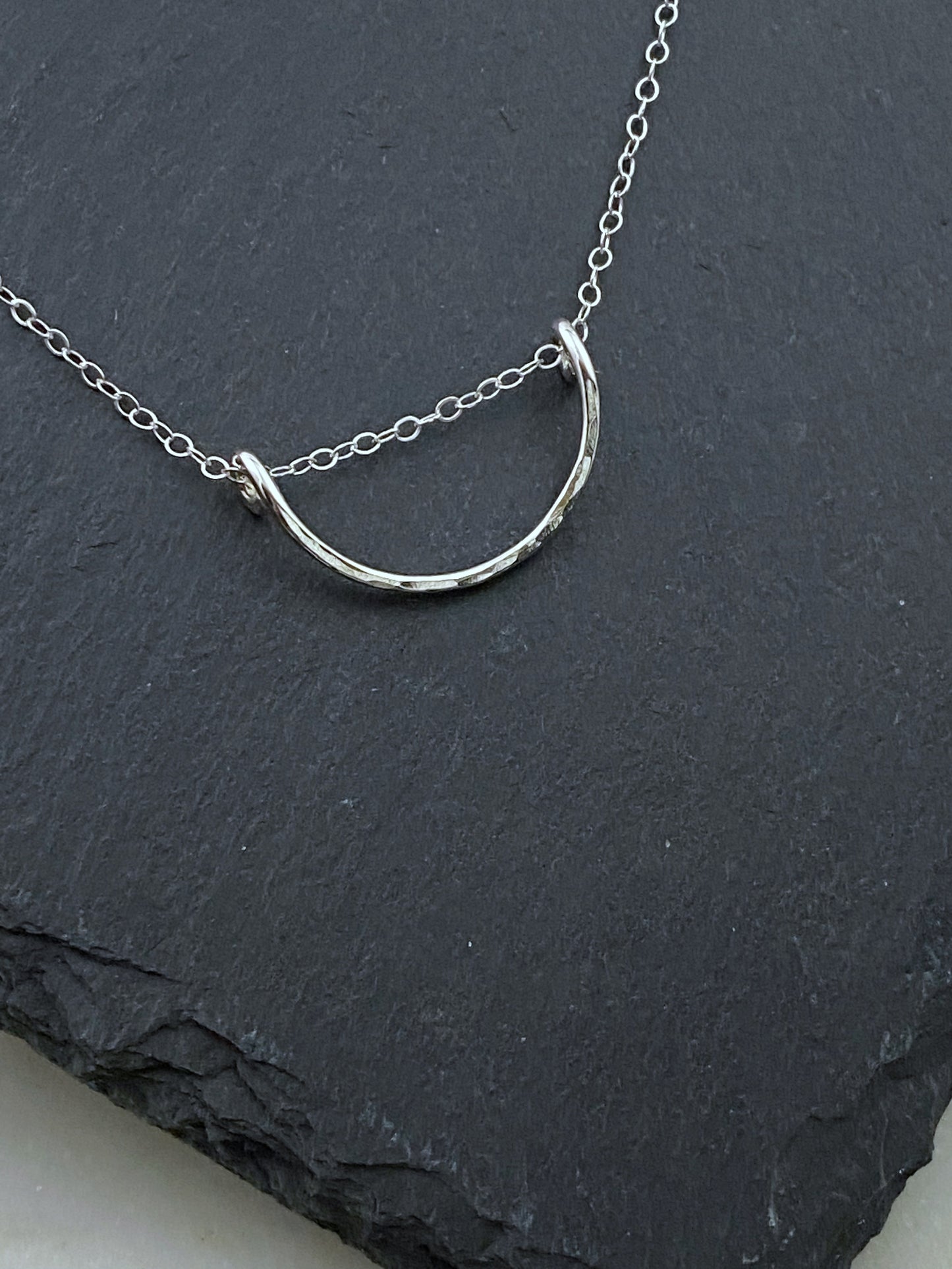 Forged sterling silver wire half moon necklace
