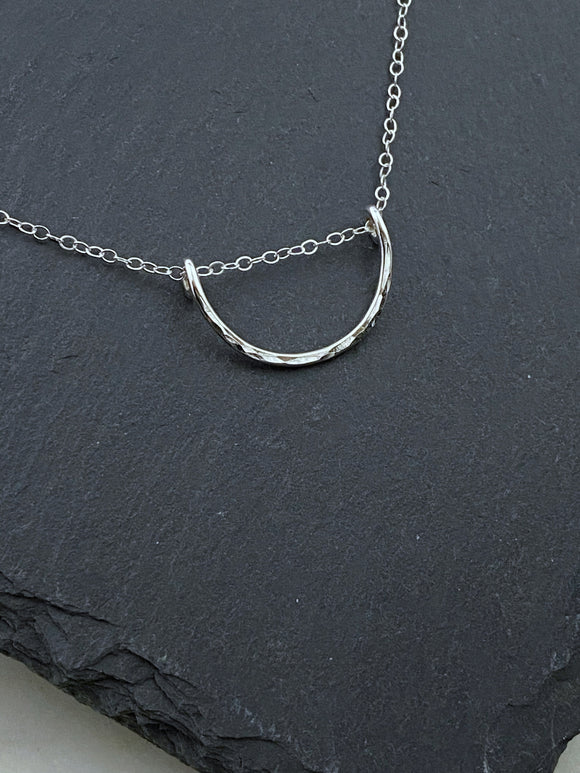 Forged sterling silver wire half moon necklace