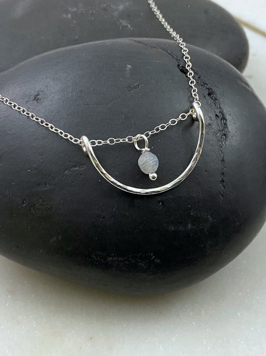 Forged sterling silver wire half moon necklace with rainbow moonstone