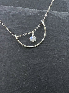 Forged sterling silver wire half moon necklace with rainbow moonstone