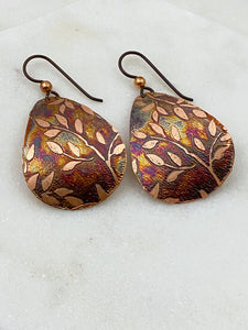Acid etched copper leaf medium teardrop earrings