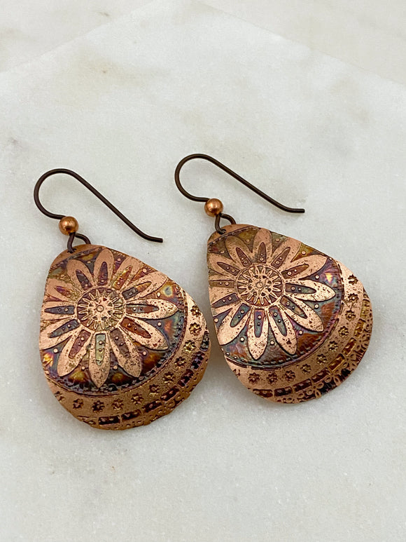 Acid etched copper leaf medium teardrop earrings