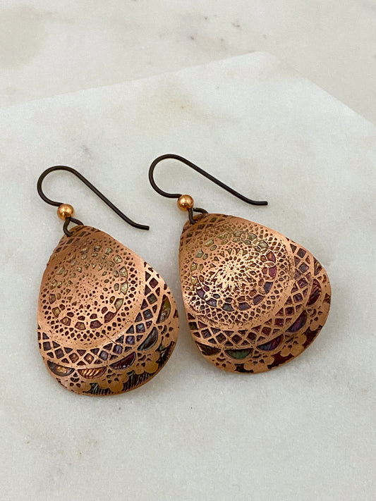 Acid etched copper leaf medium teardrop earrings
