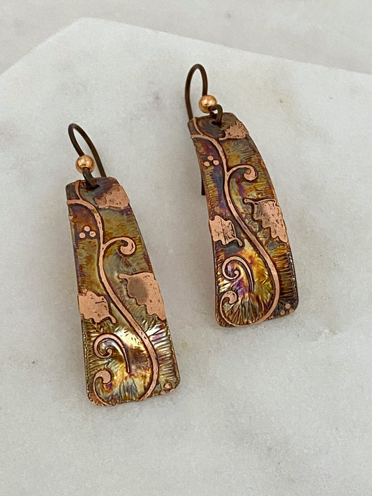 Acid etched copper irregular rectangle earrings