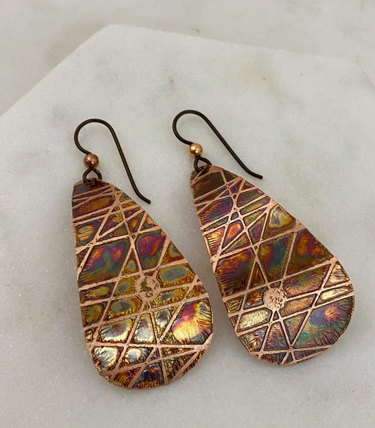 Large acid etched copper teardrop earrings