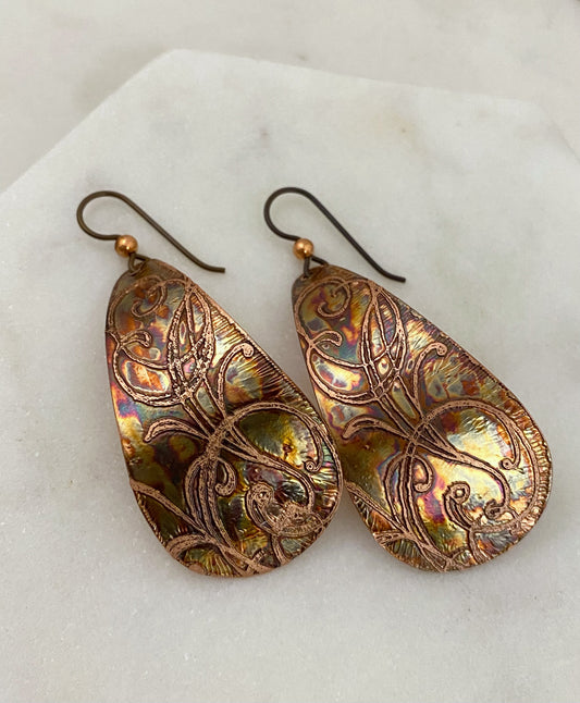 Large acid etched copper teardrop earrings