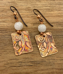 Acid etched copper earrings with moonstone
