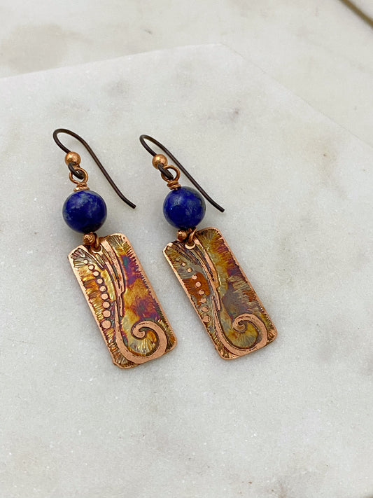 Acid etched copper earrings with sodalite