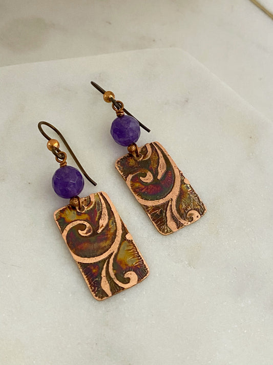 Acid etched copper earrings with amethyst