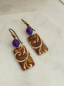 Acid etched copper earrings with amethyst