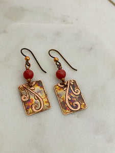 Acid etched copper earrings with coral