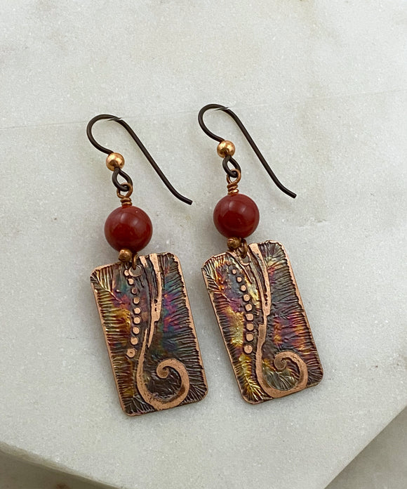 Acid etched copper earrings with coral