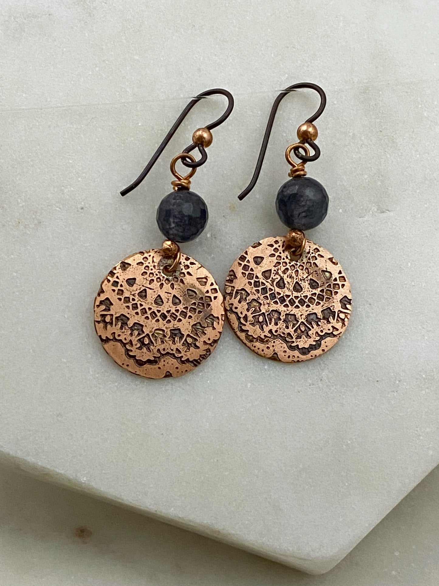 Acid etched copper earrings with quartz