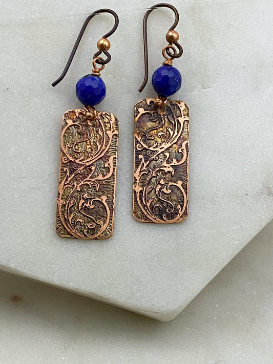 Acid etched copper earrings with lapis