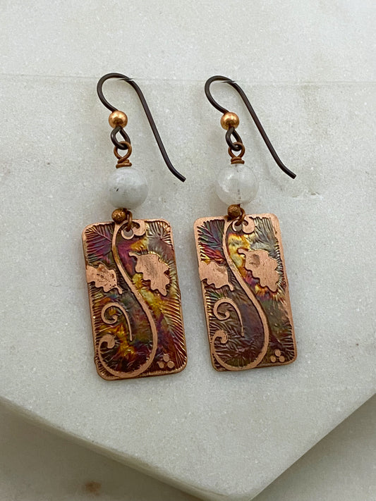 Acid etched copper earrings with moonstone