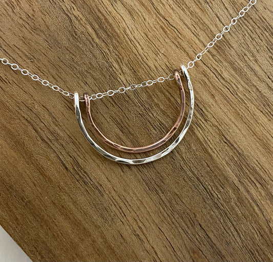 Forged sterling silver and copper wire half moon necklace