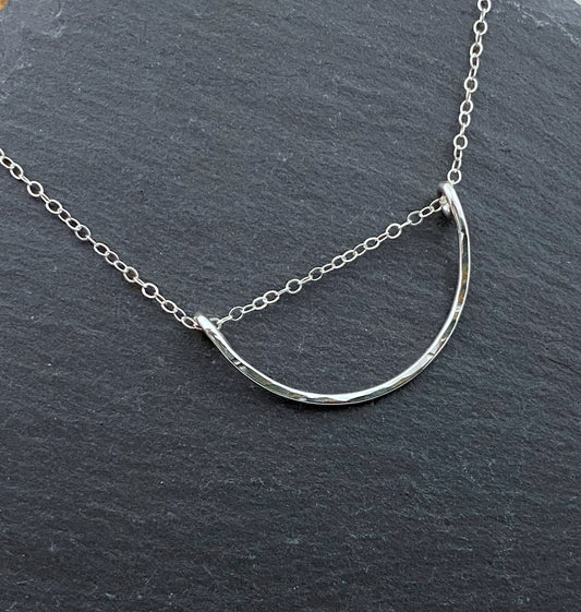 Forged sterling silver wire half moon necklace