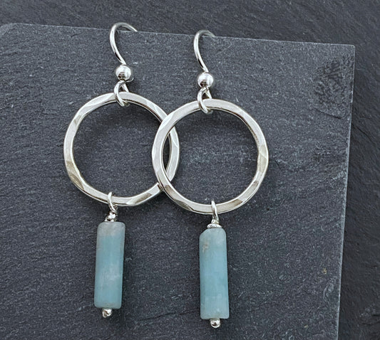 Sterling silver forged hoop earrings with amazonite gemstones