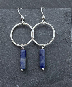 Sterling silver forged hoop earrings with sodalite gemstones