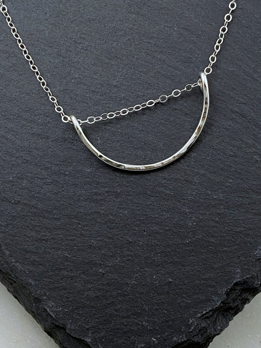 Forged sterling silver wire half moon necklace