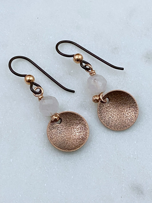 Forged copper earrings with rose quartz