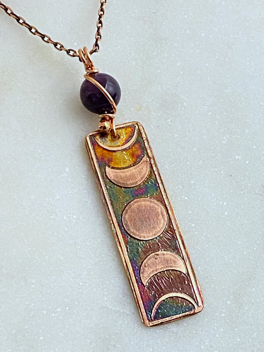 Moon phase acid etched copper necklace with amethyst gemstone