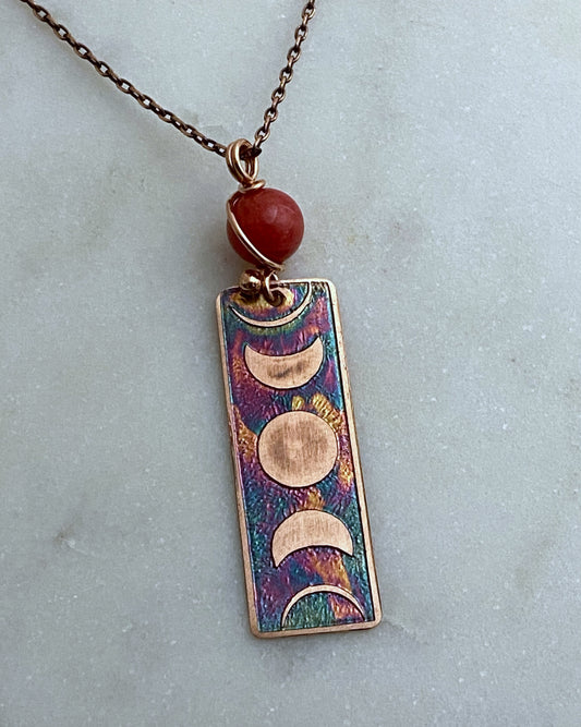 Moon phase acid etched copper necklace with coral gemstone