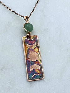 Moon phase acid etched copper necklace with aventurine gemstone