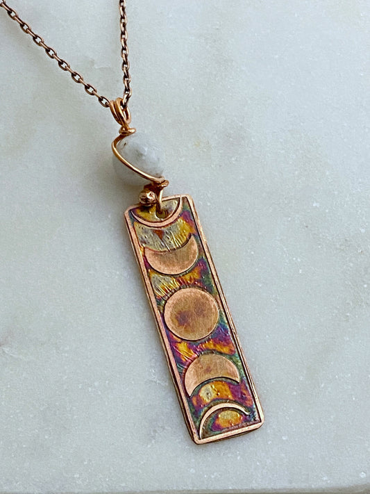 Moon phase acid etched copper necklace with moonstone gemstone