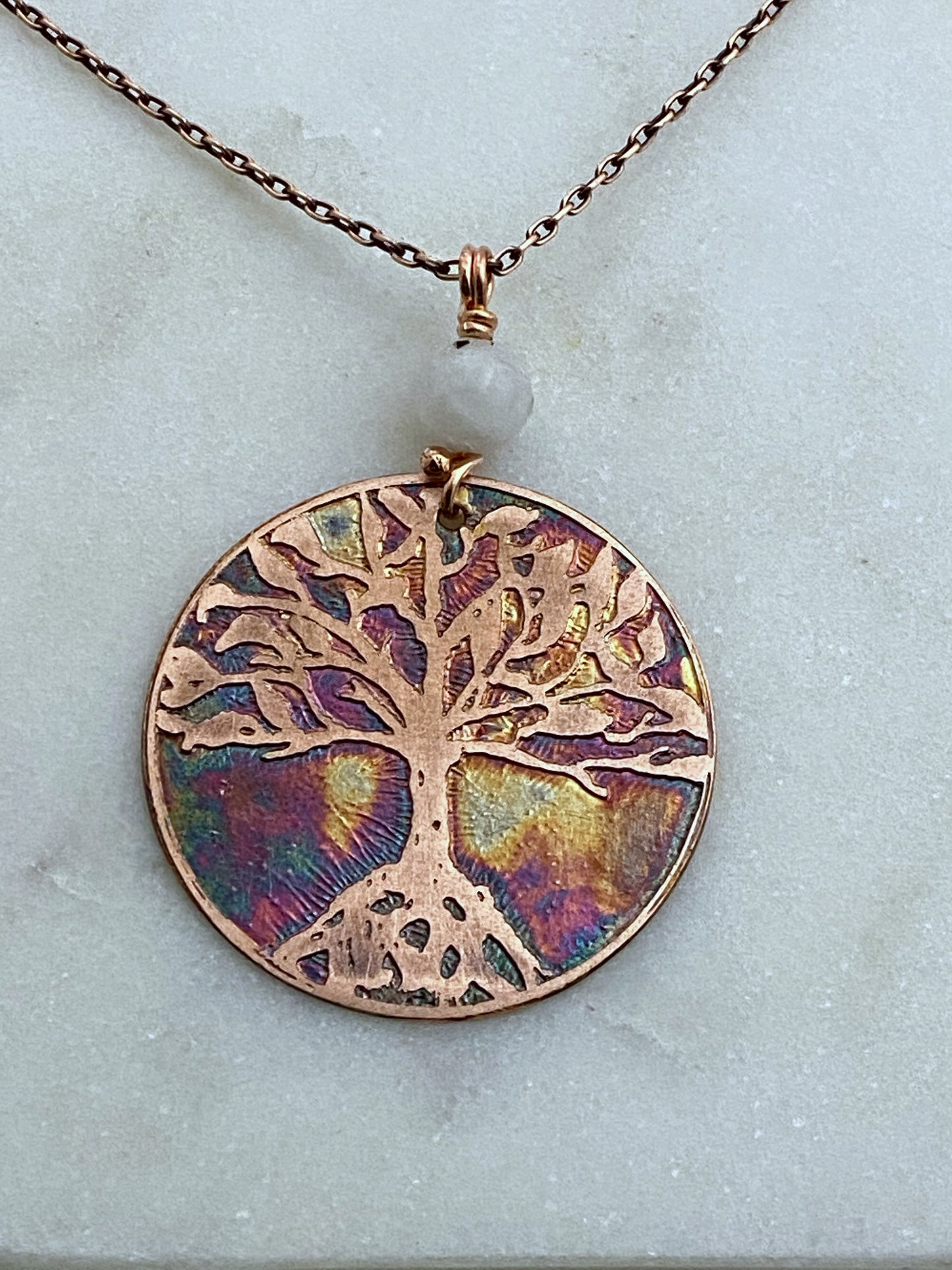 Tree acid etched copper necklace with moonstone gemstone