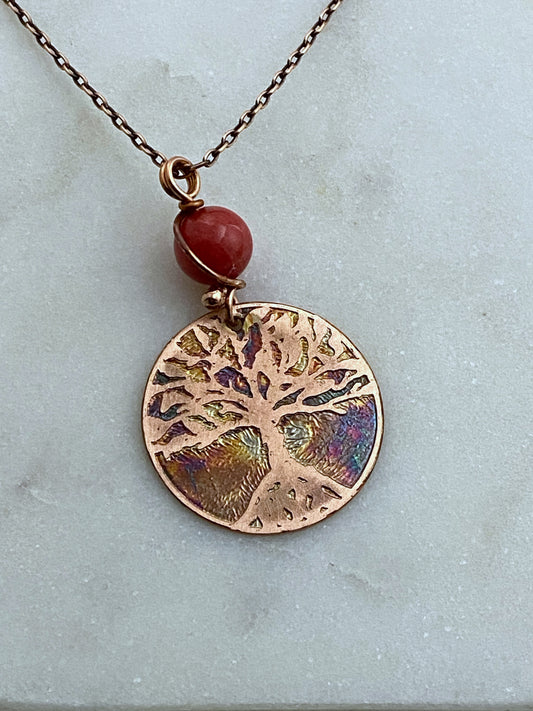 Tree acid etched copper necklace with coral gemstone