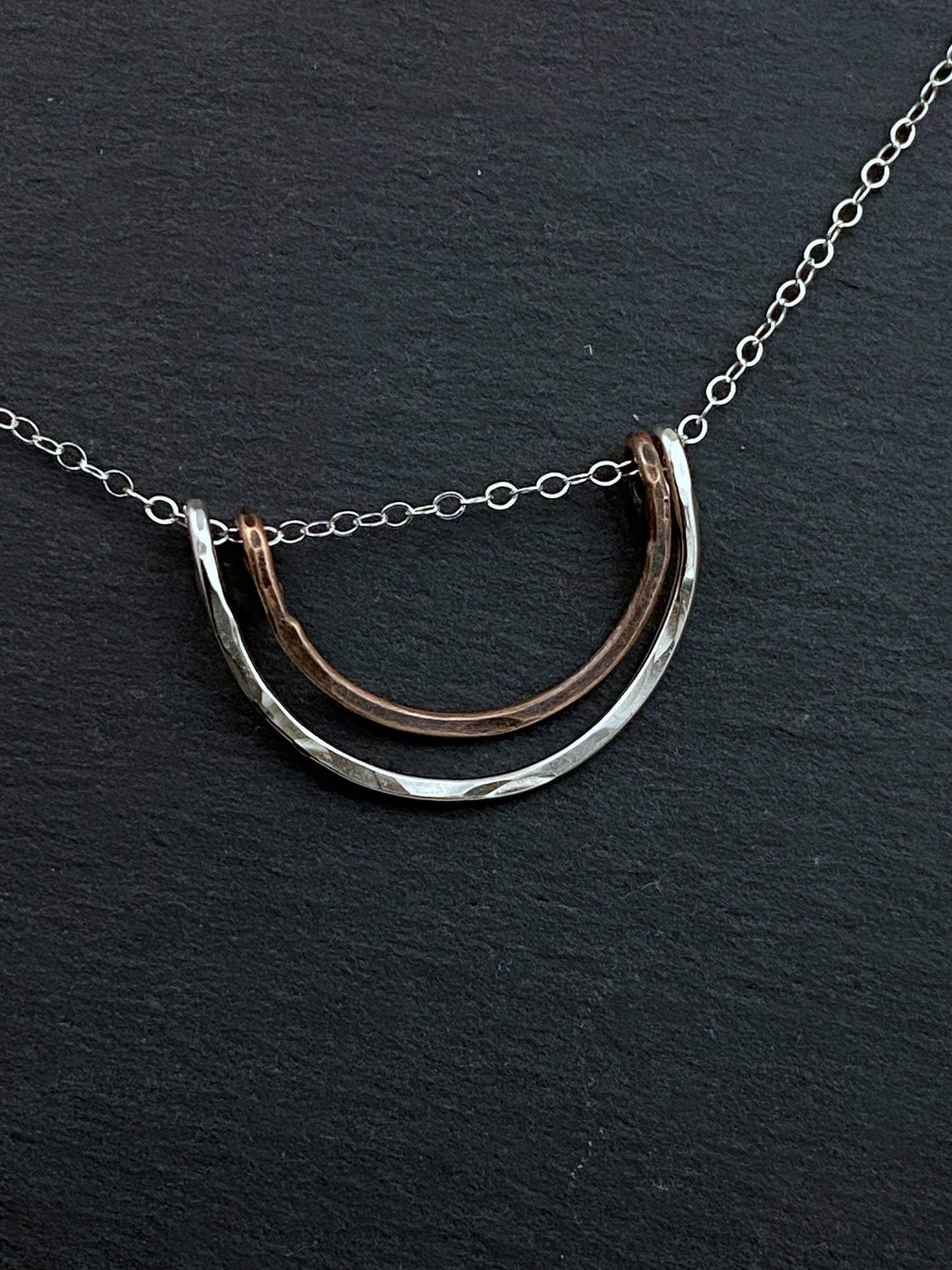 Forged sterling silver & copper wire half moon necklace