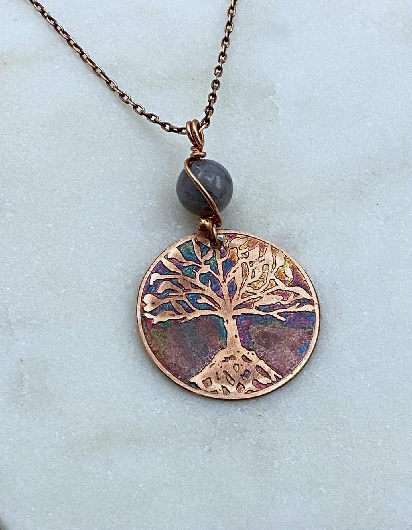 Tree acid etched copper necklace with fancy jasper gemstone