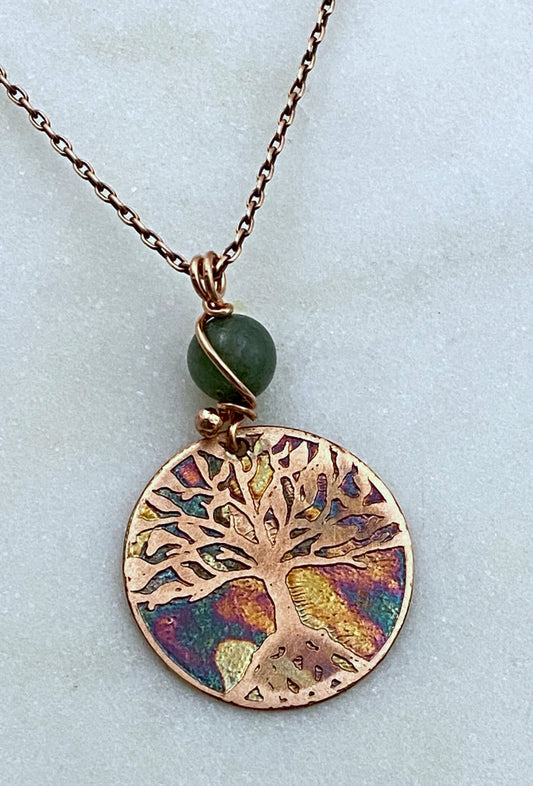 Tree acid etched copper necklace with moss agate gemstone