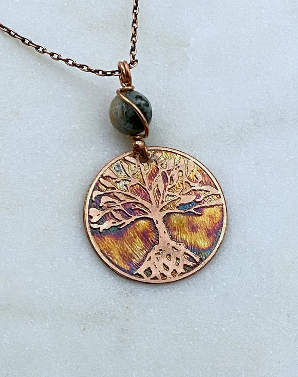 Tree acid etched copper necklace with tree agate gemstone