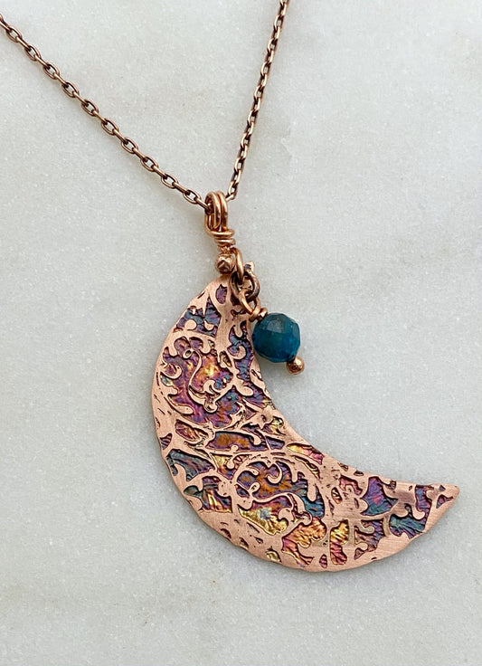 Crescent moon acid etched copper necklace with an apatite gemstone