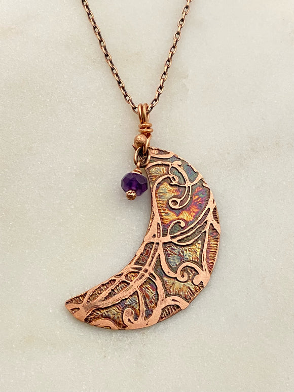 Crescent moon acid etched copper necklace with an amethyst gemstone