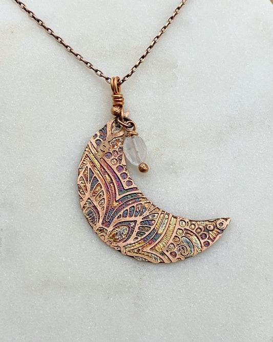 Crescent moon acid etched copper necklace with a moonstone gemstone