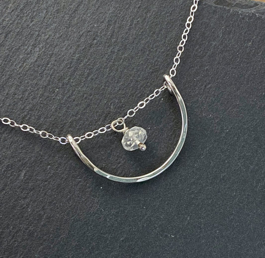Forged sterling silver wire half moon necklace with rainbow moonstone