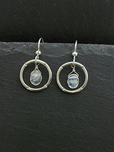 Sterling silver forged hoop earrings with moonstone gemstones