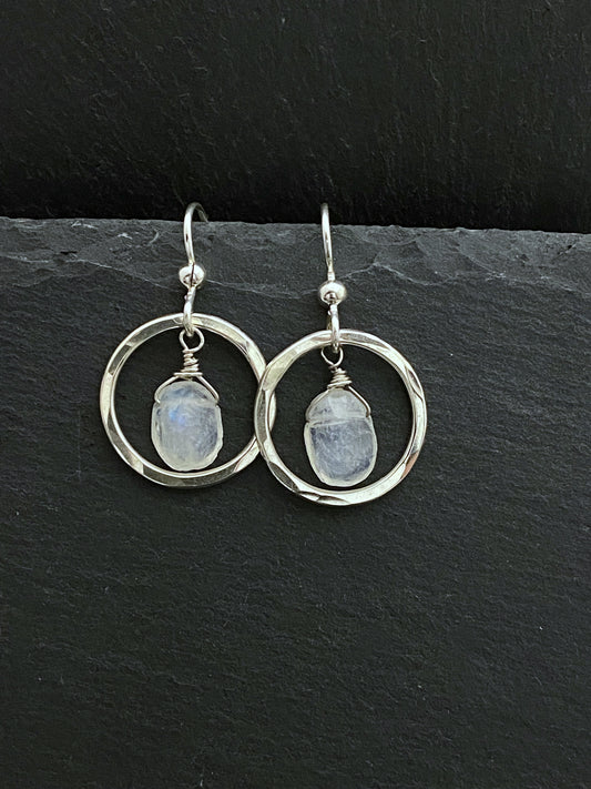 Sterling silver forged hoop earrings with moonstone gemstones