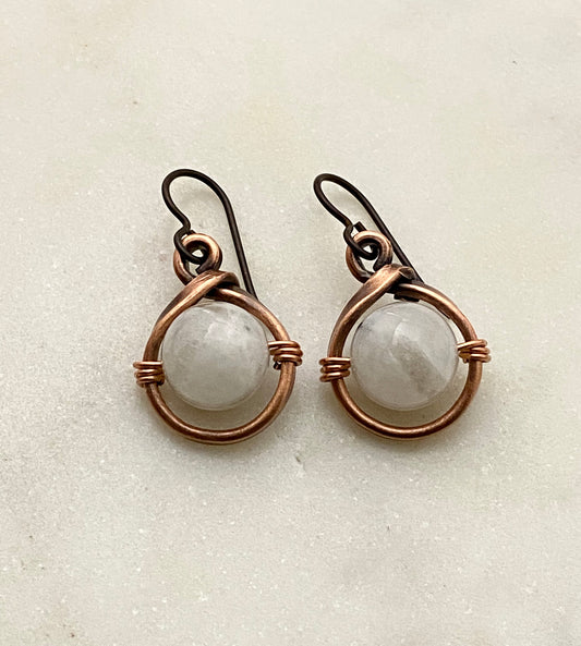 Copper teardrop hoops with moonstone