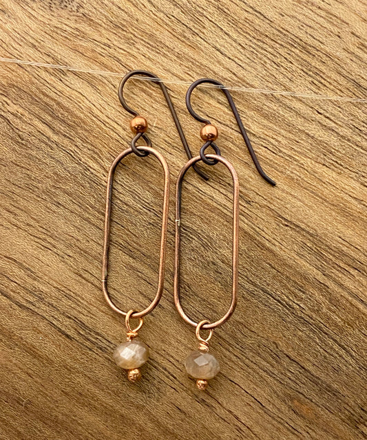 Copper and coffee moonstone oval hoop earrings