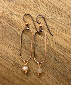 Copper and coffee moonstone oval hoop earrings