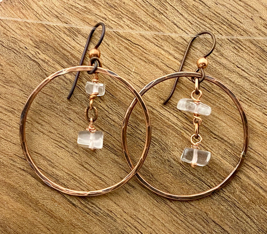 Copper and quartz hoop earrings