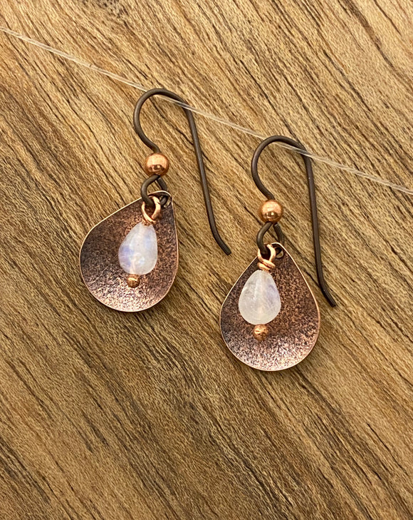 Forged copper teardrop earrings with moonstone